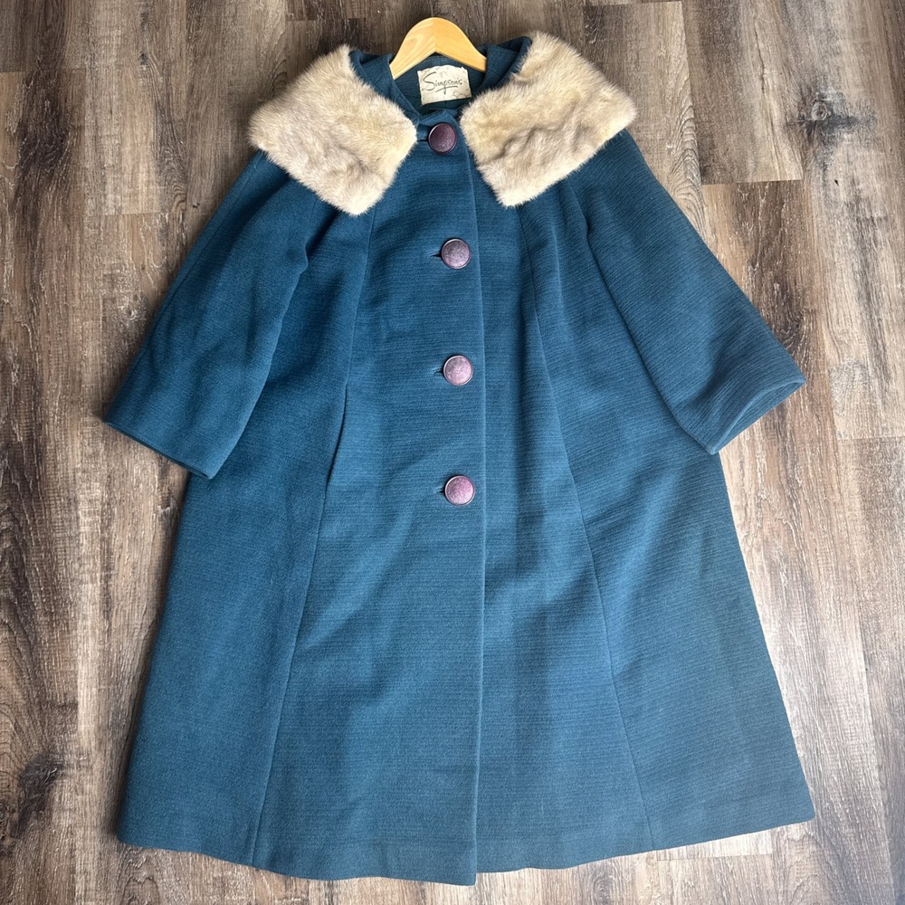 Vintage Made In England Simpsons Teal Wool Swing Coat Fur Collar Blue 2XL‎ 1960s